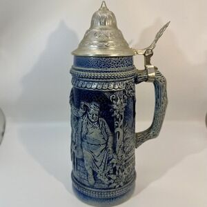 Vintage Gerz West Germany Beer Stein 1L Pewter Lid Cobalt Funny Scene Blue White